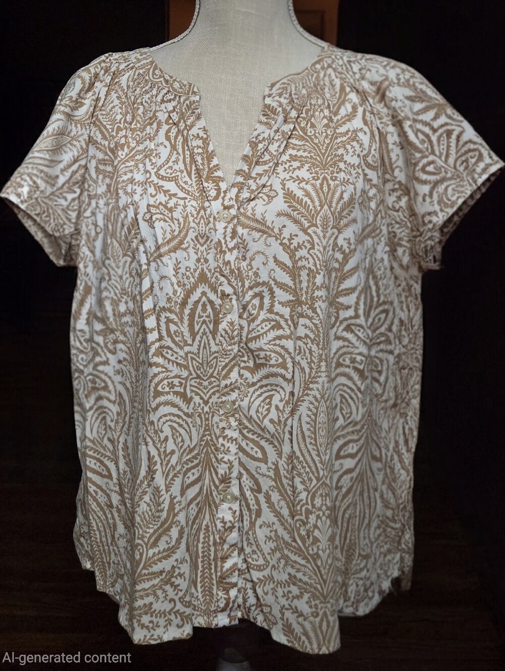 Loft White & Tan Printed Button-Front Top